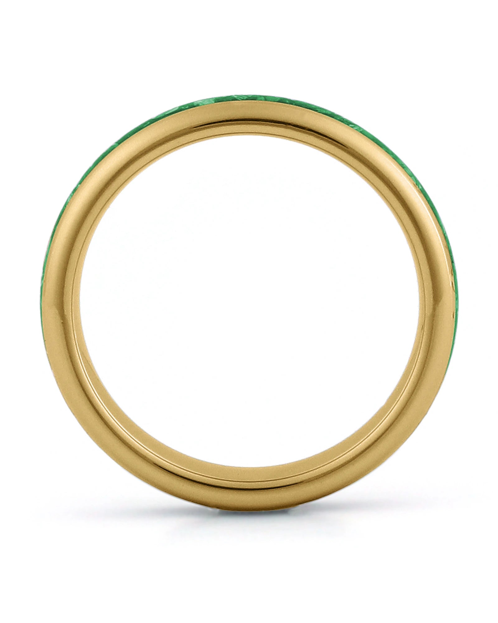 Side view of gold 4mm tungsten wedding ring with emerald inlay