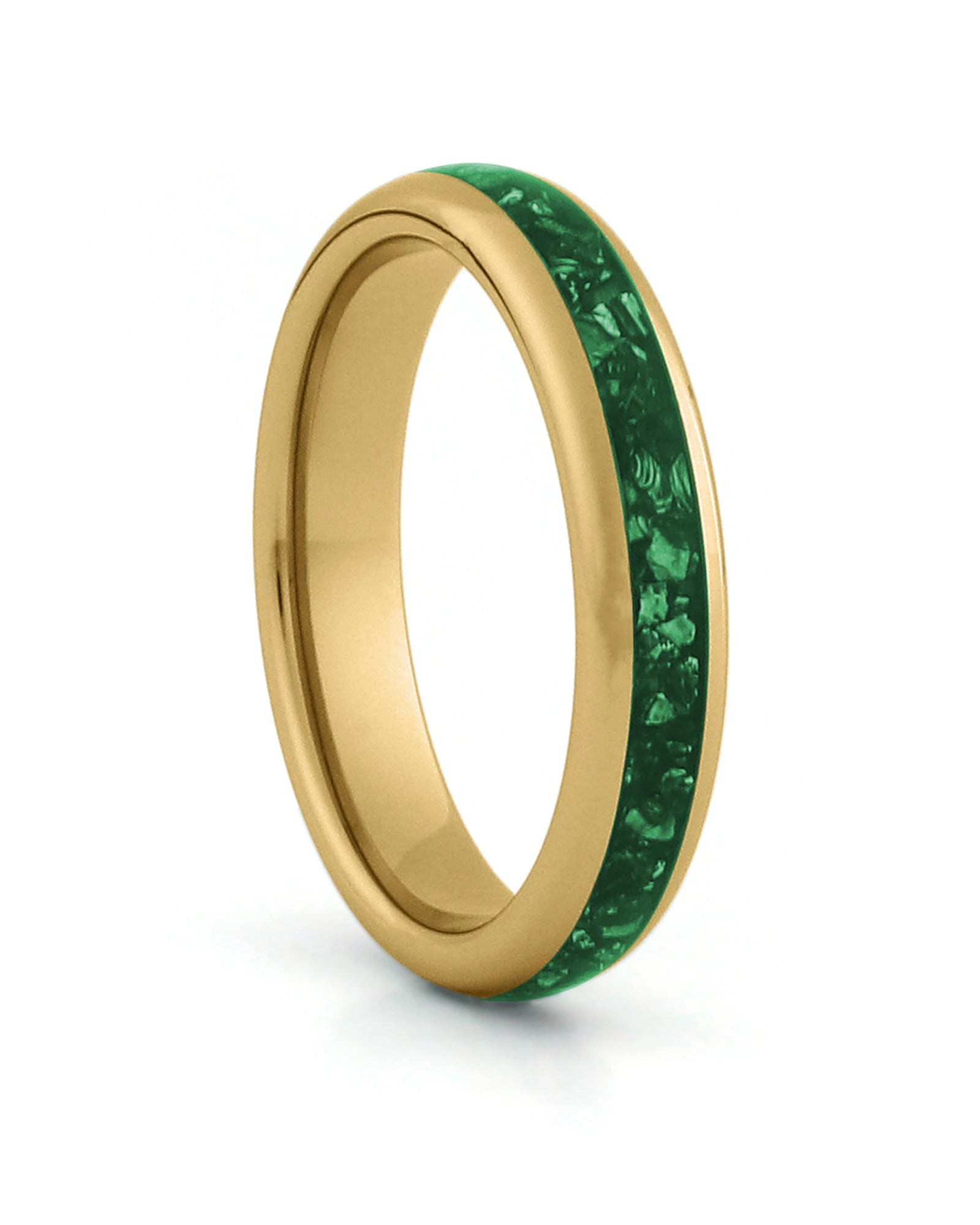 Gold 4mm tungsten ring with green emerald inlay shown at an angle