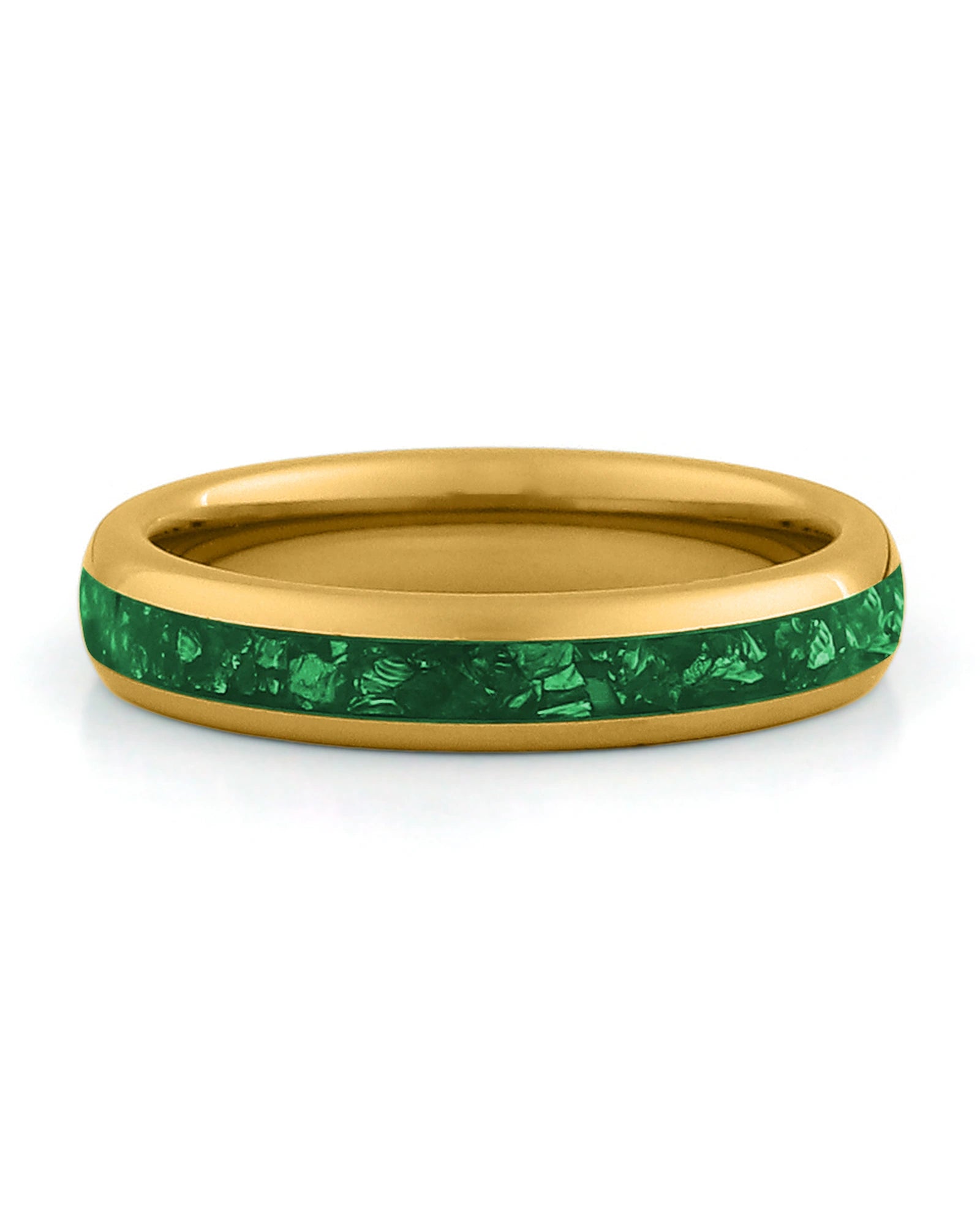Front view of gold 4mm emerald tungsten wedding band