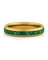 Front view of gold 4mm emerald tungsten wedding band