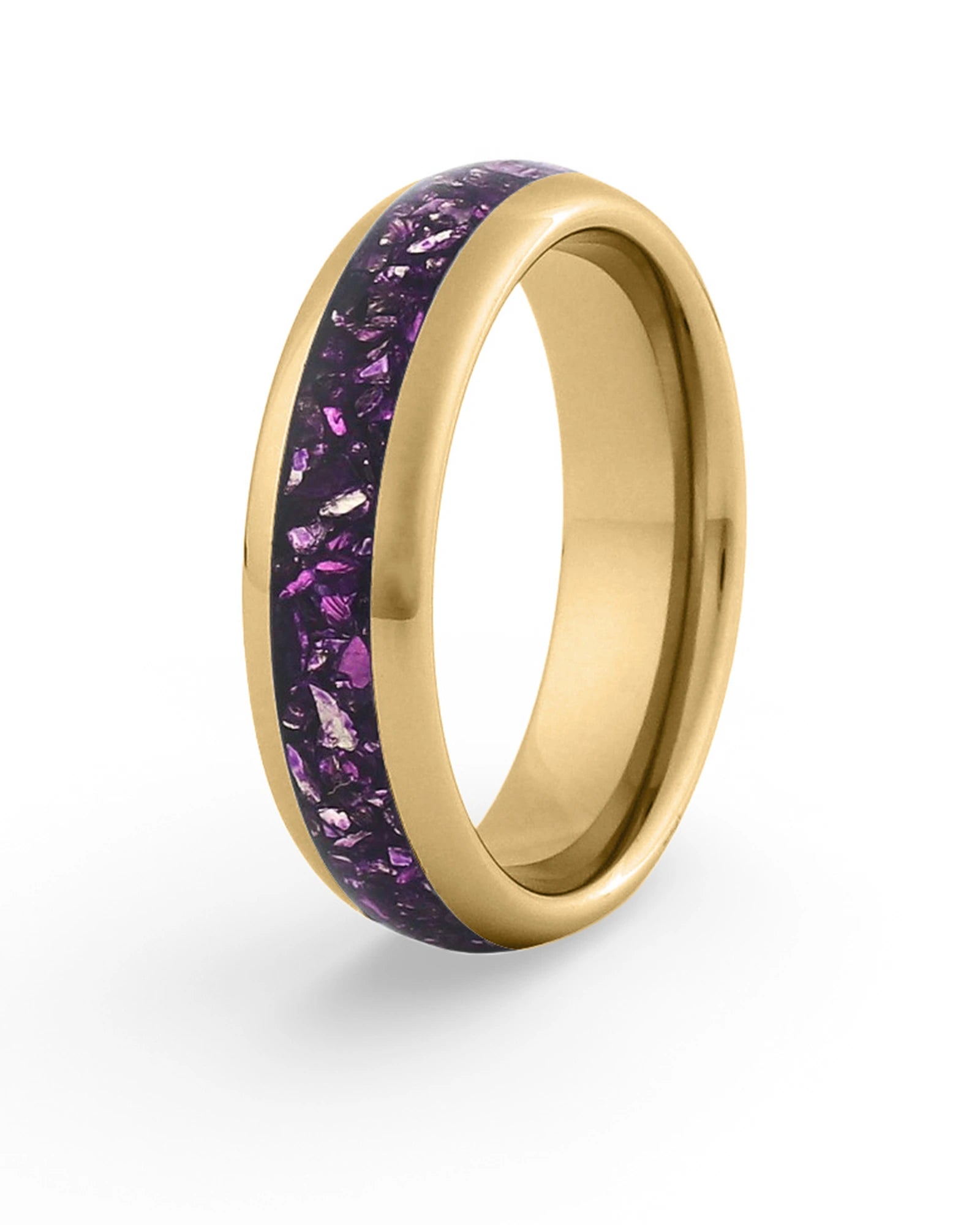 Gold tungsten wedding ring with purple amethyst stone inlay, 6mm band