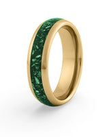 Men's gold tungsten wedding ring with emerald stone inlay, 6mm band