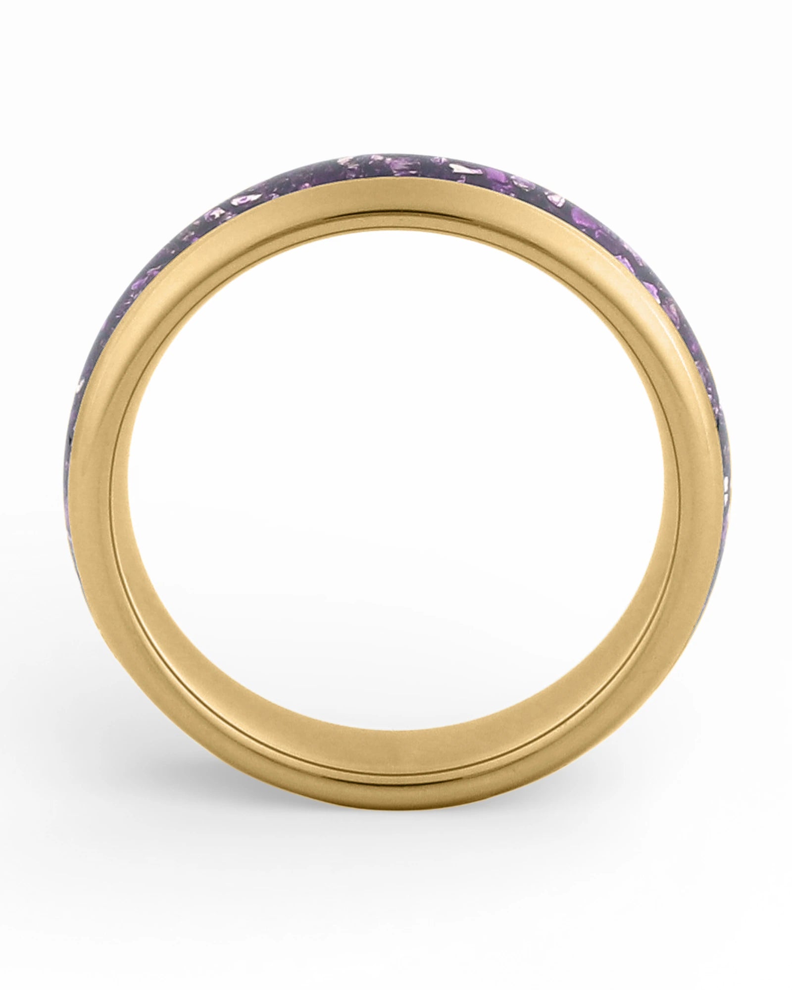 Side view of gold 6mm tungsten wedding ring with amethyst inlay