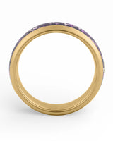Side view of gold 6mm tungsten wedding ring with amethyst inlay
