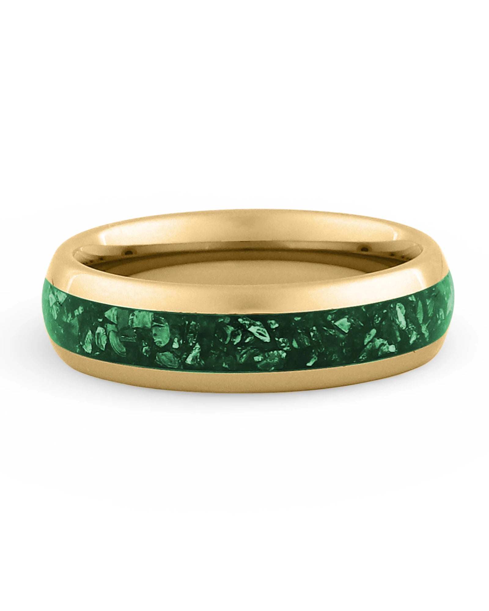 Front view of gold 6mm emerald tungsten wedding band