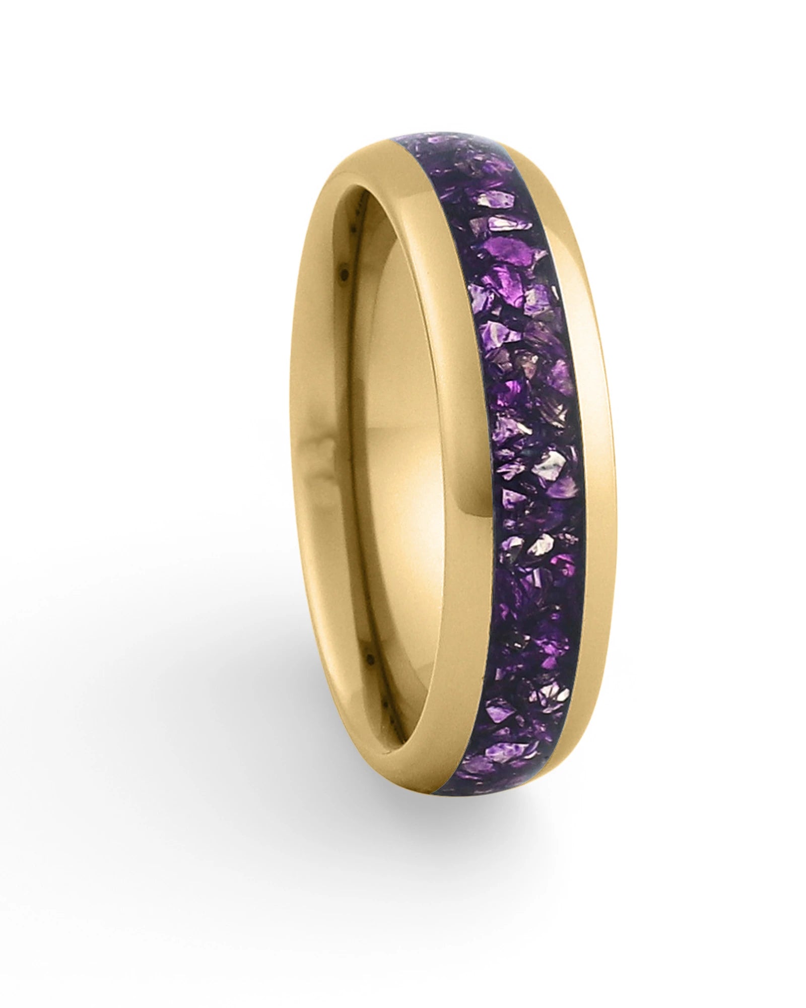 Gold 6mm tungsten ring with purple amethyst inlay shown at an angle