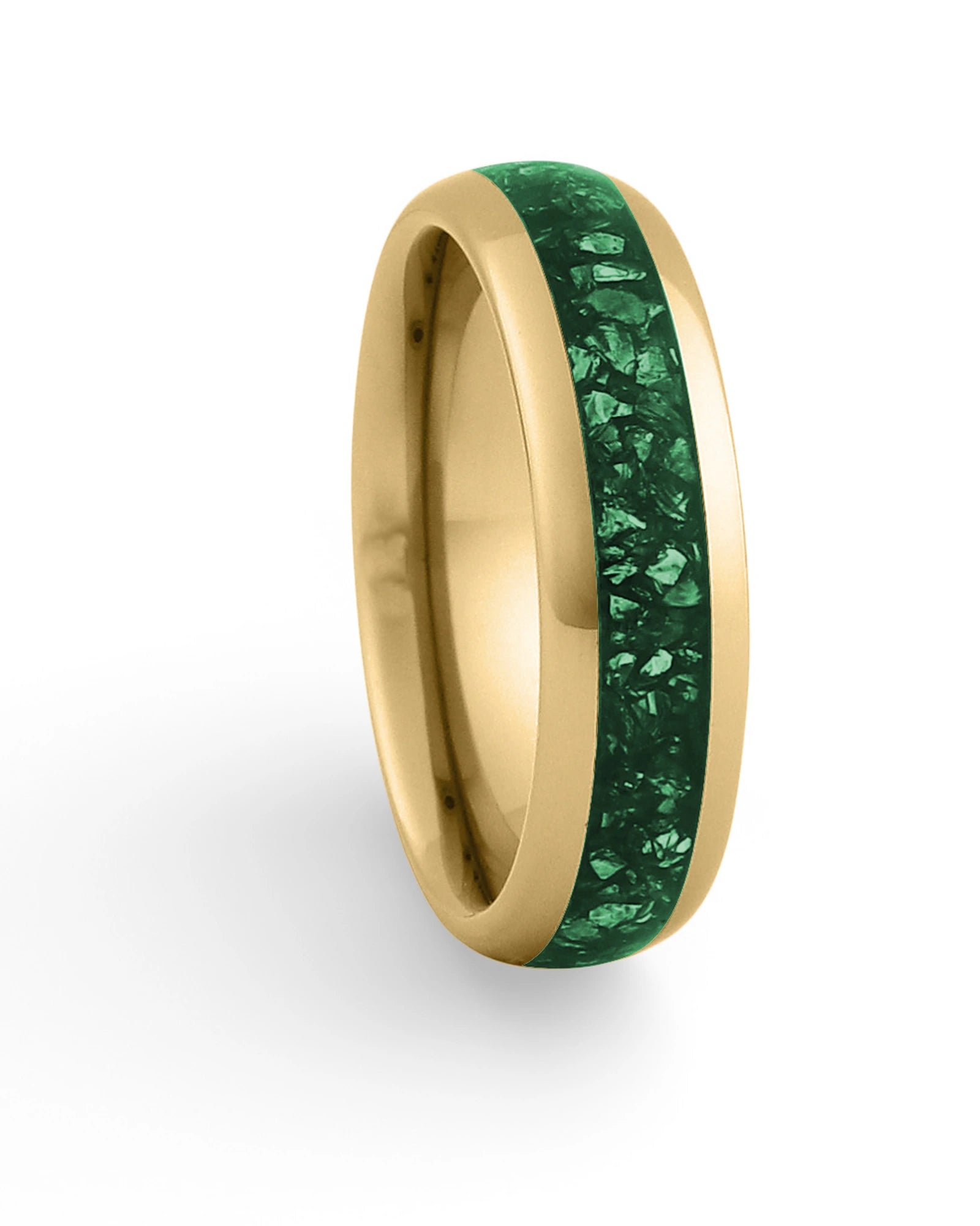 Gold 6mm tungsten ring with green emerald inlay shown at an angle