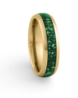 Gold 6mm tungsten ring with green emerald inlay shown at an angle