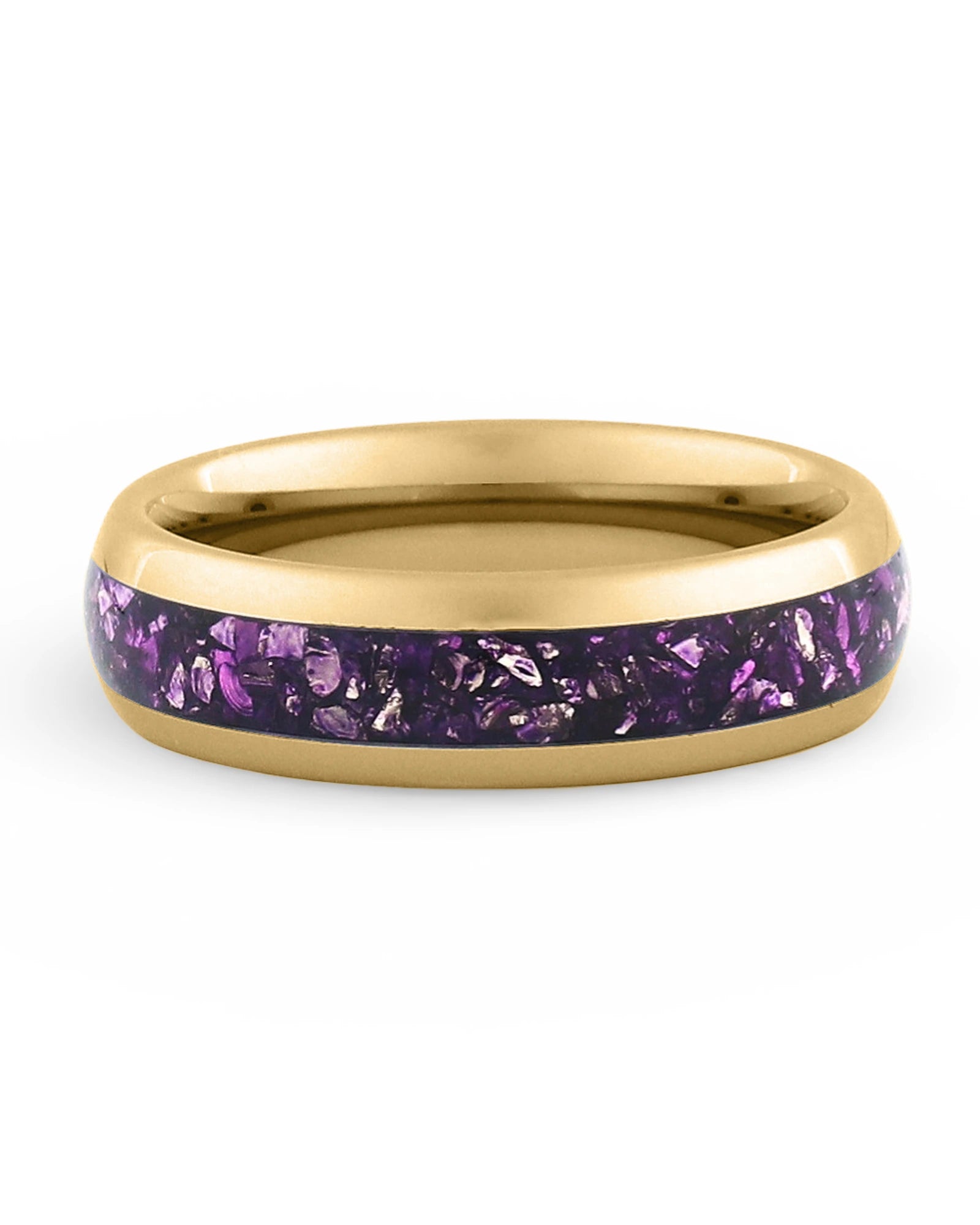 Front view of gold 6mm amethyst tungsten wedding band
