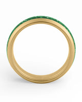 Side view of gold 6mm tungsten wedding ring with emerald inlay
