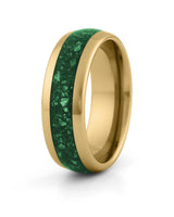 Men's gold tungsten wedding ring with emerald stone inlay, 8mm band