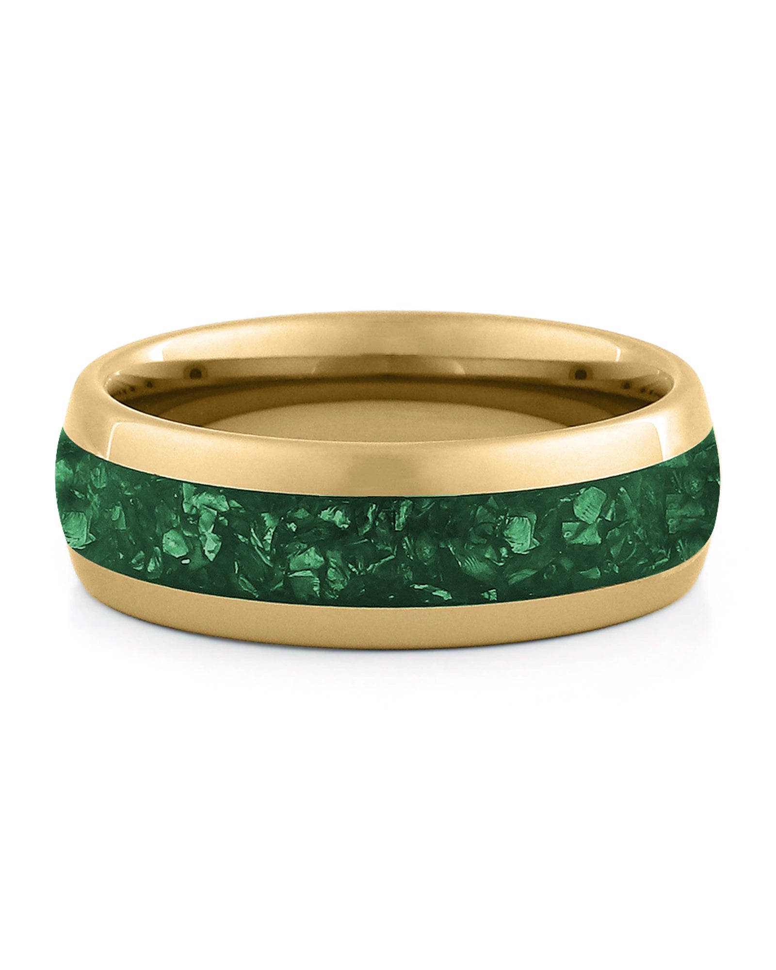 Front view of gold 8mm emerald tungsten wedding band