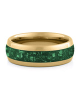 Front view of gold 8mm emerald tungsten wedding band