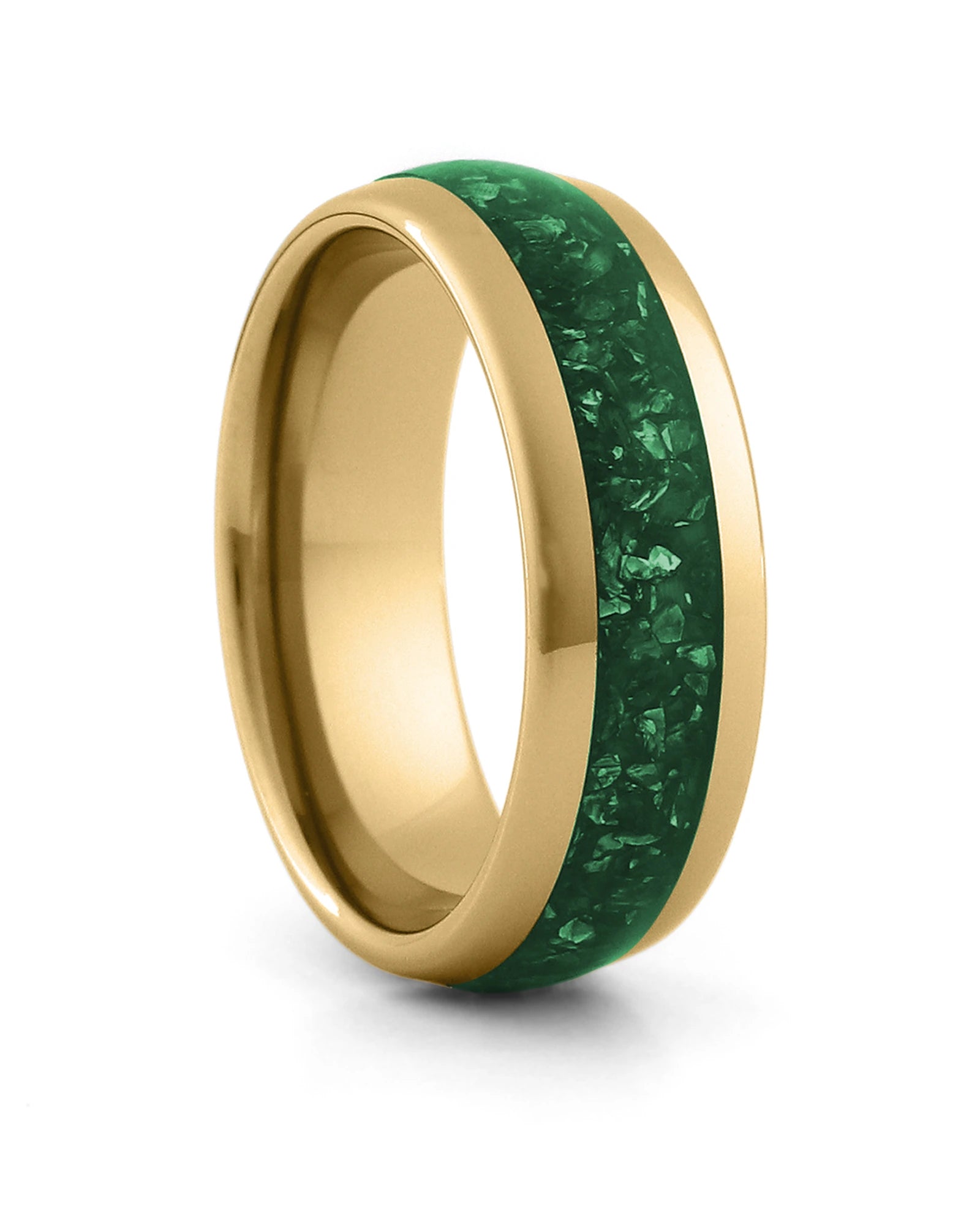 Gold 8mm tungsten ring with green emerald inlay shown at an angle