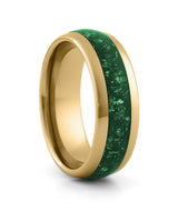 Gold 8mm tungsten ring with green emerald inlay shown at an angle