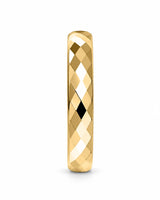 Side profile of gold 4mm faceted tungsten ring showing its band width