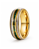 8mm Gold Meteorite & Green Emerald Inlay Tungsten Wedding Ring