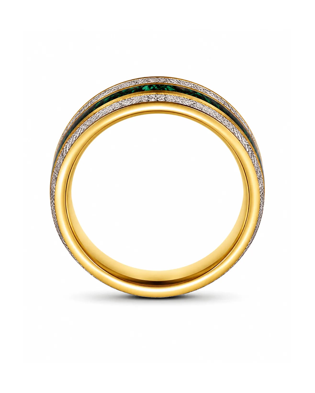 8mm Gold Meteorite & Green Emerald Inlay Tungsten Wedding Ring