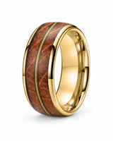 Men's gold tungsten wedding ring with whiskey barrel wood and guitar string inlay