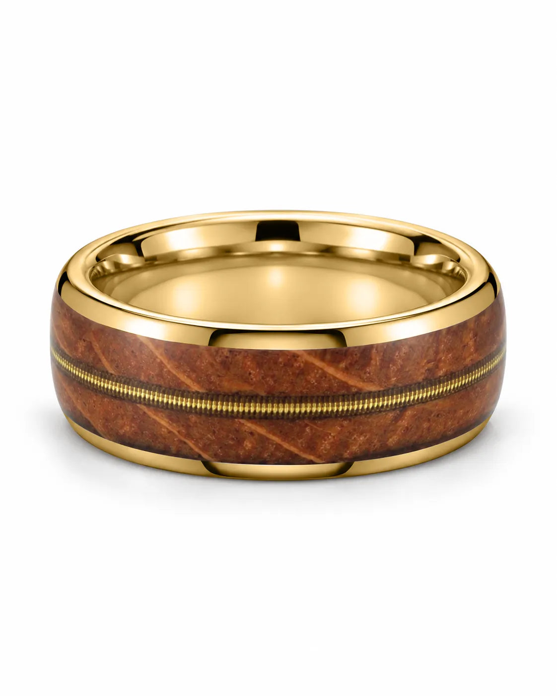 Gold guitar string wedding band lying flat, showing the wood inlay and polished interior