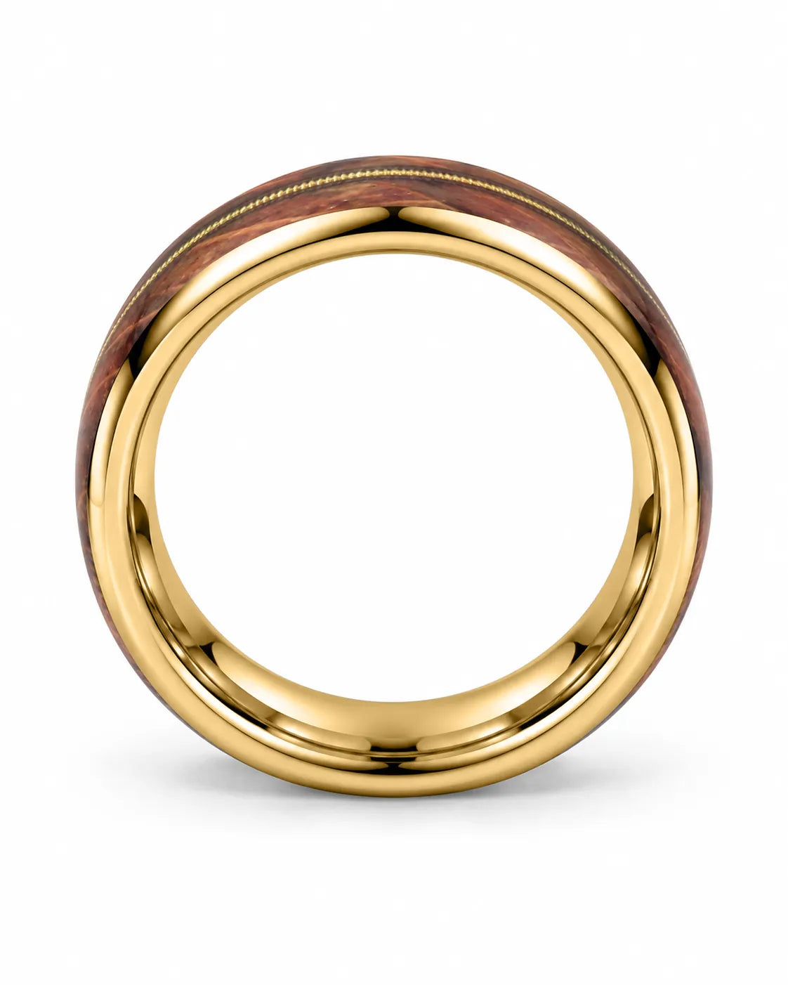 Side profile of gold guitar string wedding band showing the wood inlay and polished edges