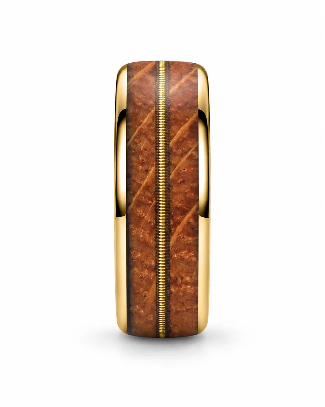 Front view of gold tungsten wedding ring with whiskey barrel wood and guitar string