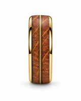 Front view of gold tungsten wedding ring with whiskey barrel wood and guitar string