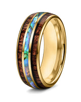 Koa wood and abalone shell tungsten ring with polished gold finish