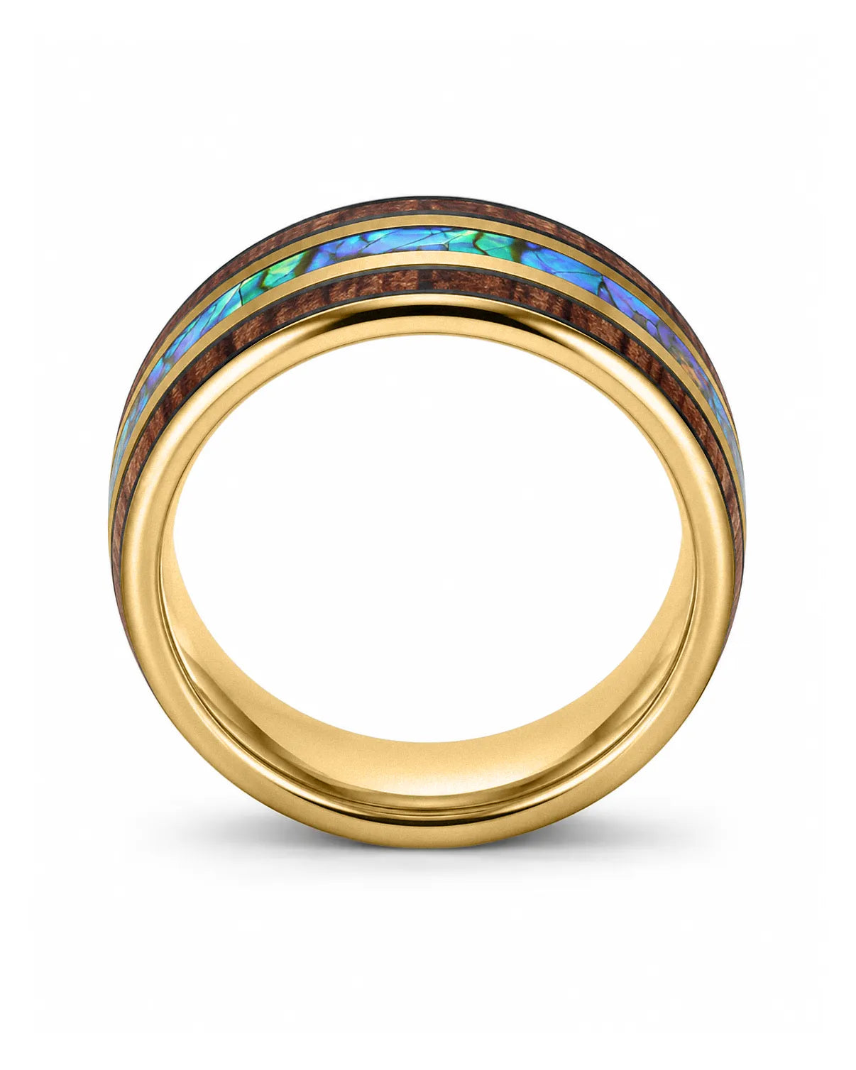 Front view of koa wood and abalone shell tungsten ring