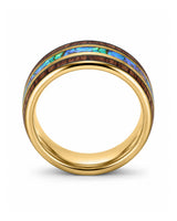 Front view of koa wood and abalone shell tungsten ring