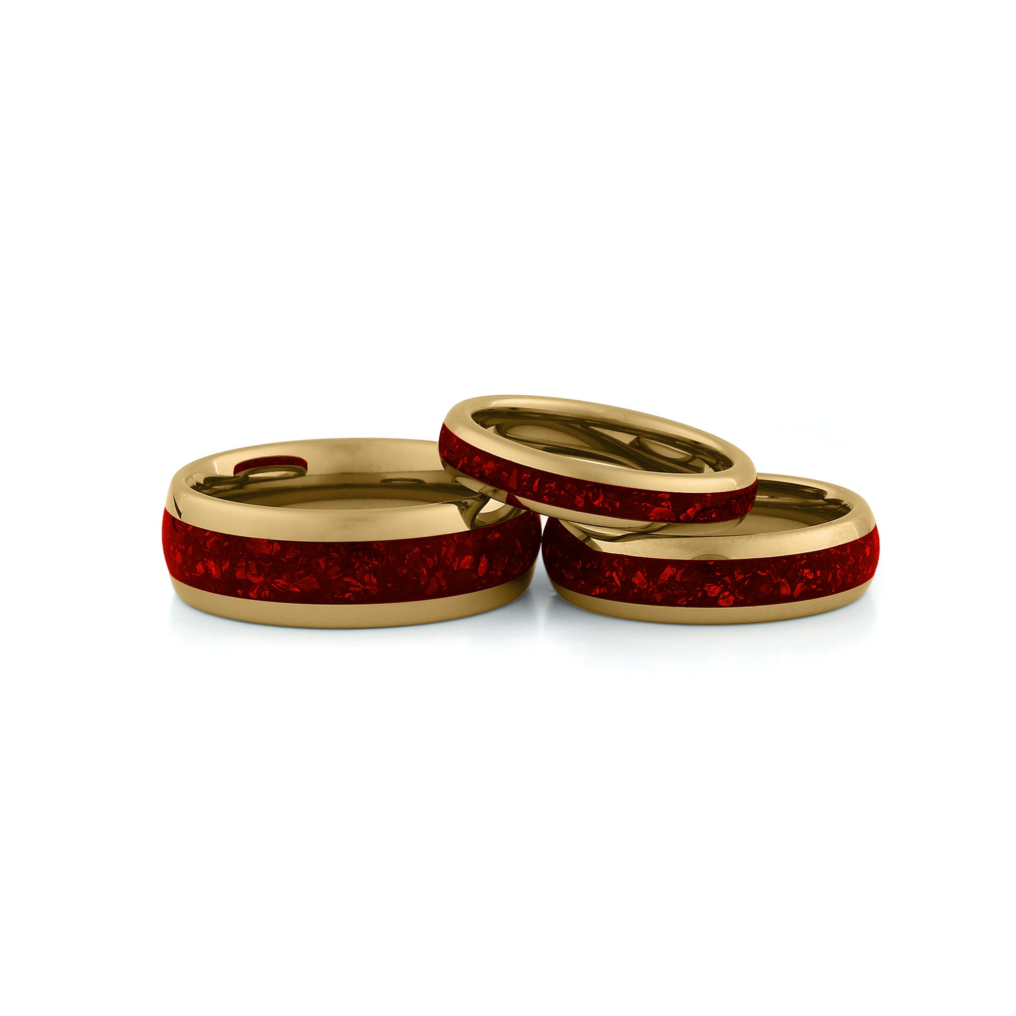 Gold ruby couples ring set matching tungsten wedding bands with red gemstone inlay