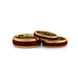 Gold ruby couples ring set matching tungsten wedding bands with red gemstone inlay