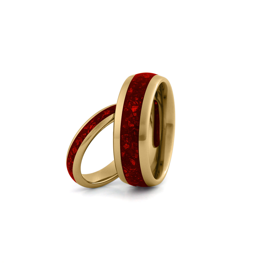 Gold ruby couples ring set matching tungsten wedding bands with red gemstone inlay