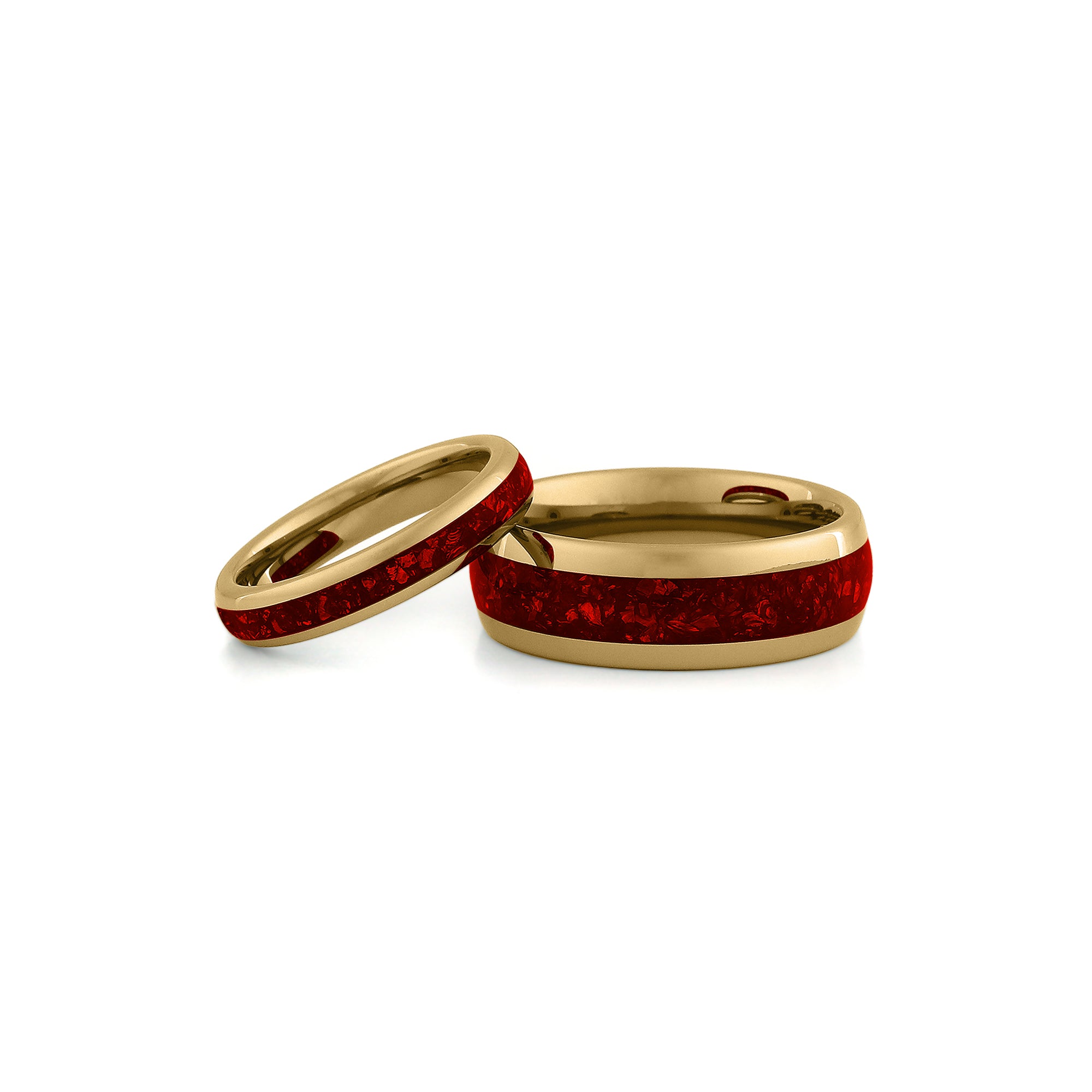 Gold ruby couples ring set matching tungsten wedding bands with red gemstone inlay