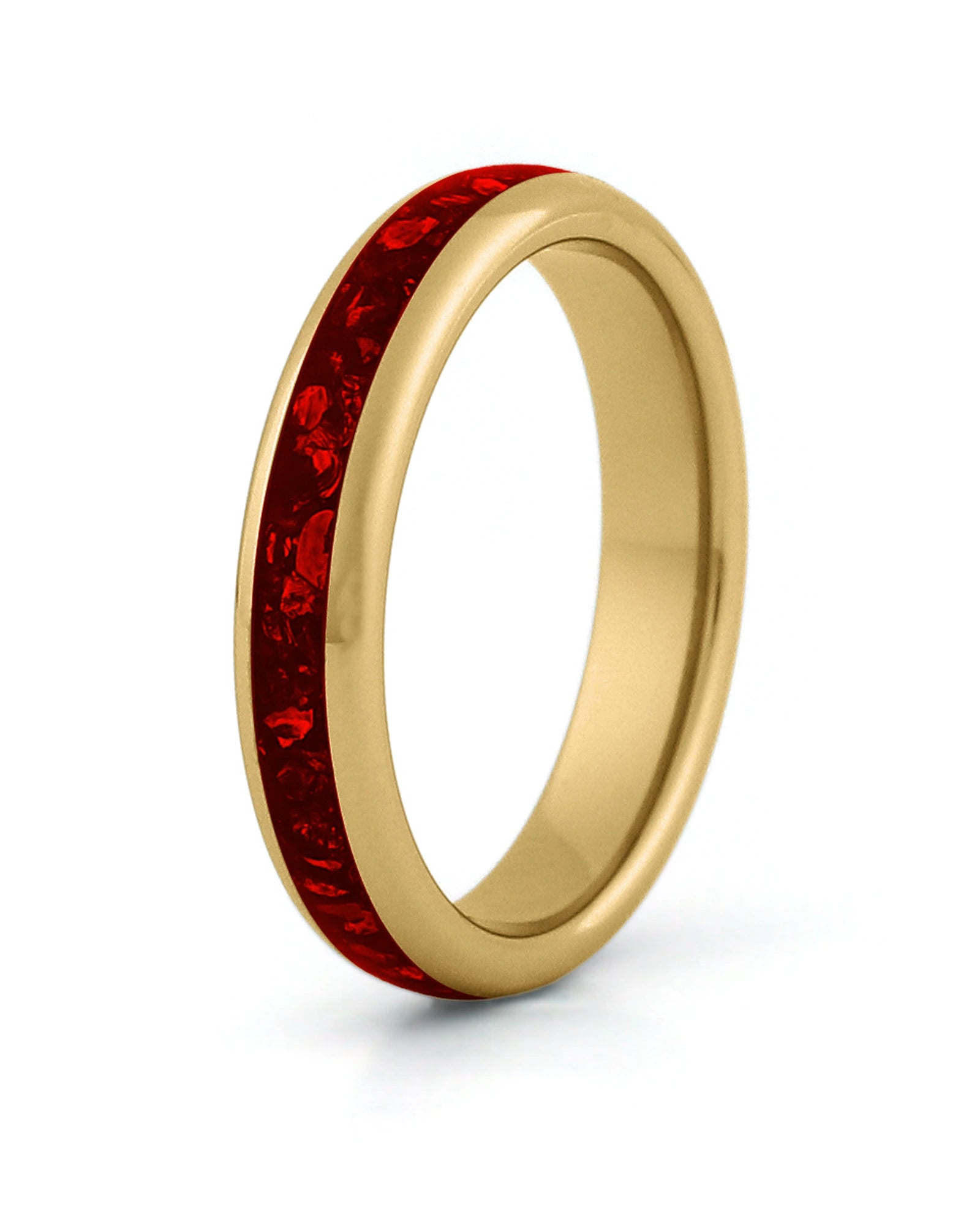 Gold tungsten wedding ring with red ruby stone inlay, 4mm band