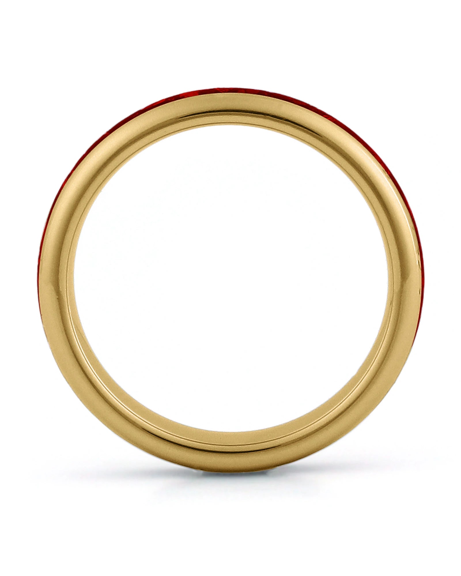 Side view of gold 4mm tungsten wedding ring with ruby inlay