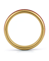 Side view of gold 4mm tungsten wedding ring with ruby inlay