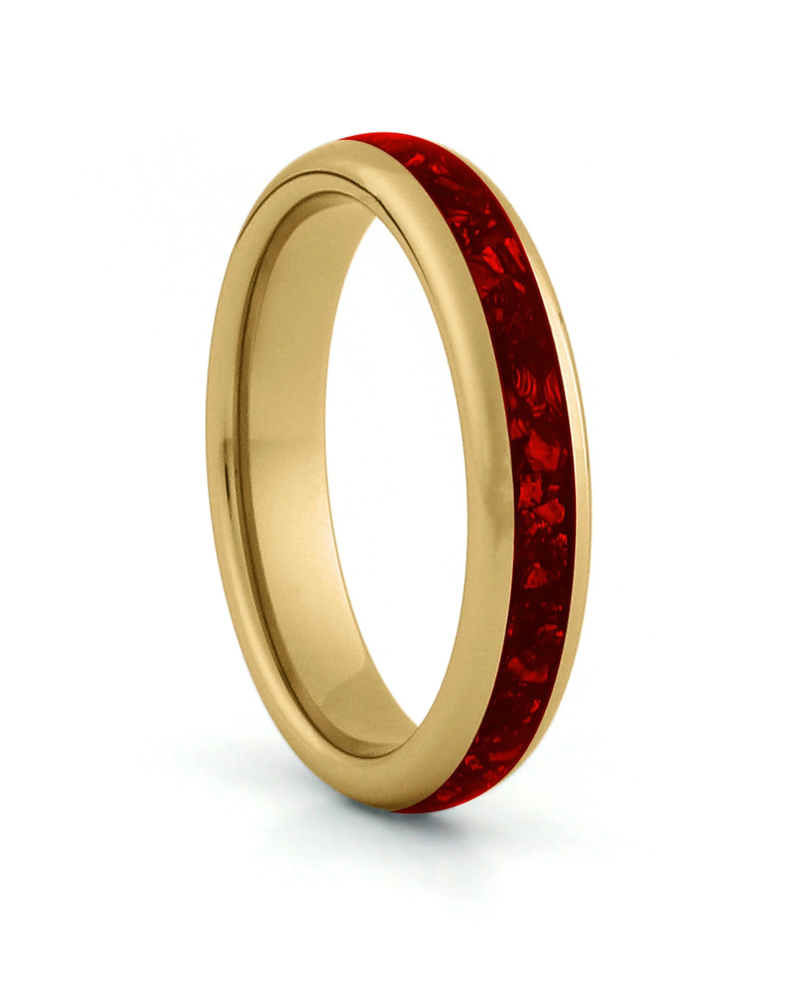 Gold 4mm tungsten ring with red ruby inlay shown at an angle