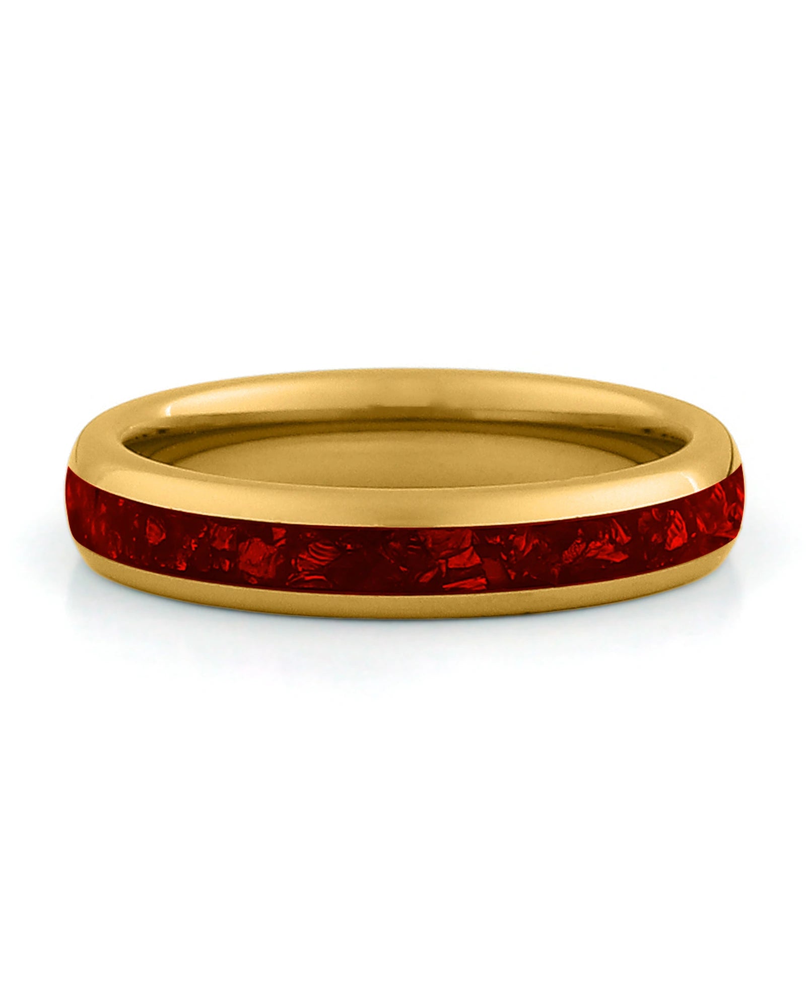 Front view of gold 4mm ruby tungsten wedding band
