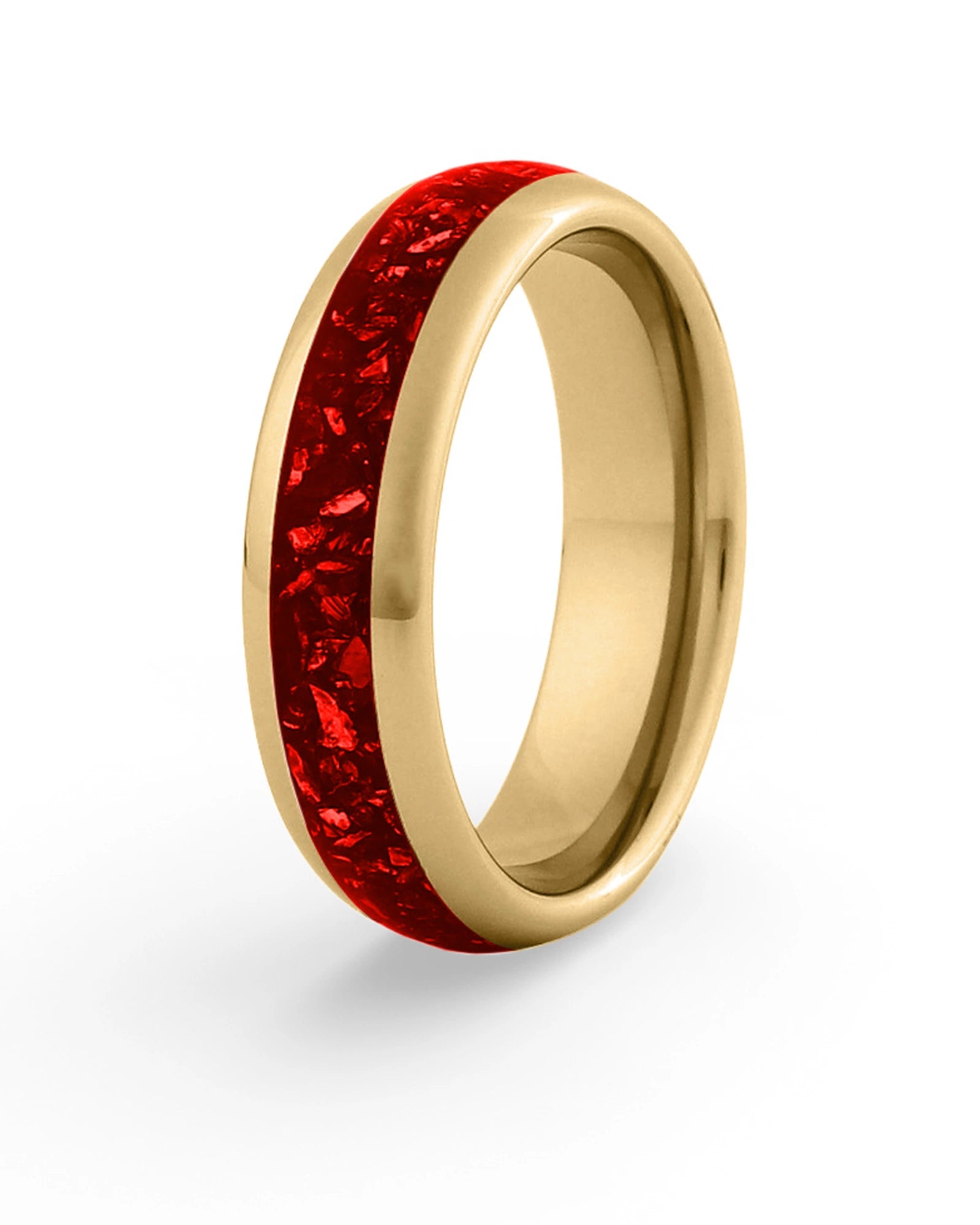 Men's gold tungsten wedding ring with ruby stone inlay, 6mm band