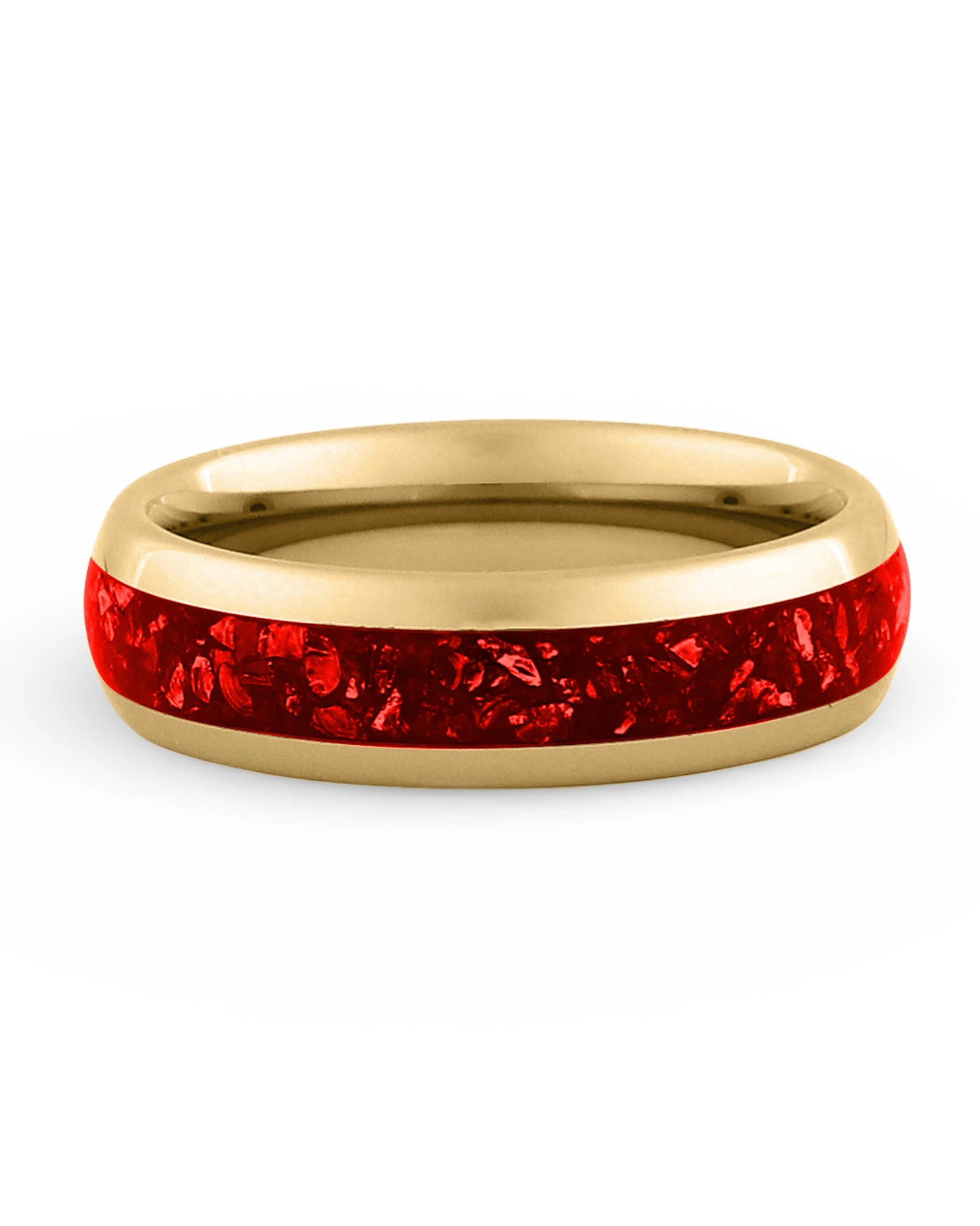 Front view of gold 6mm ruby tungsten wedding band