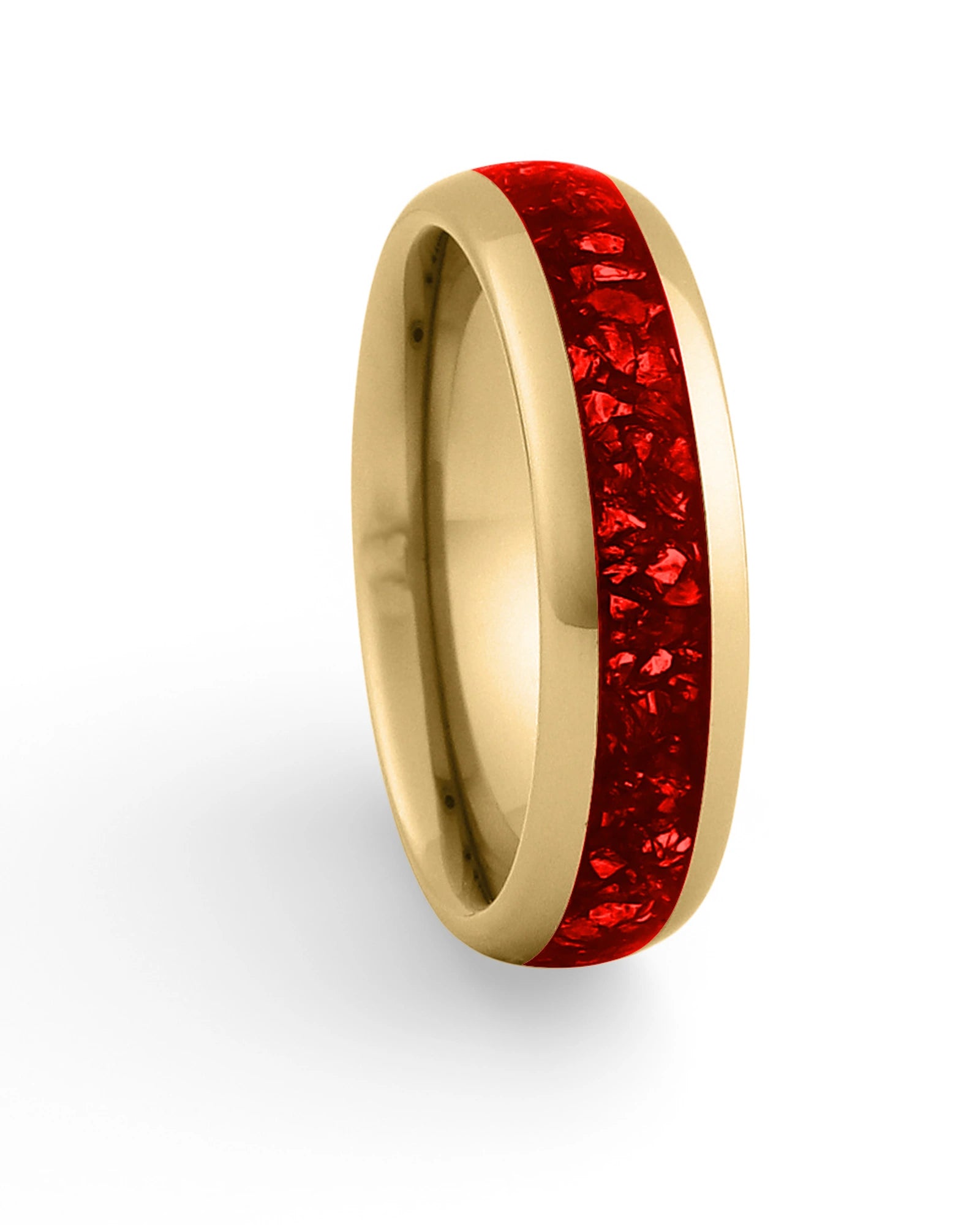 Gold 6mm tungsten ring with red ruby inlay shown at an angle