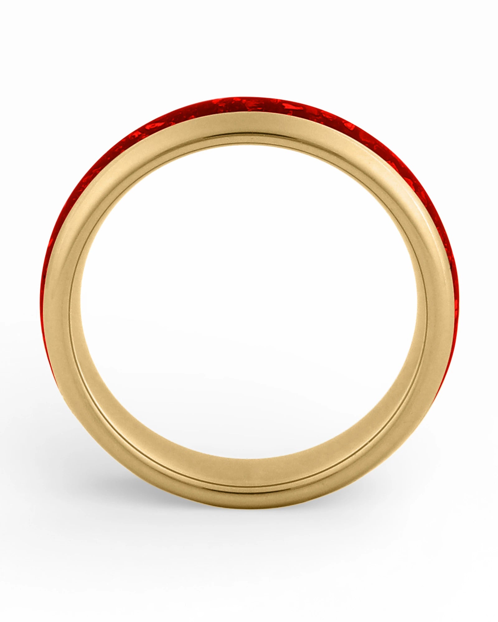 Side view of gold 6mm tungsten wedding ring with ruby inlay