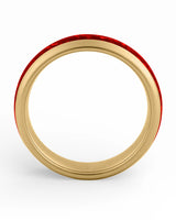 Side view of gold 6mm tungsten wedding ring with ruby inlay
