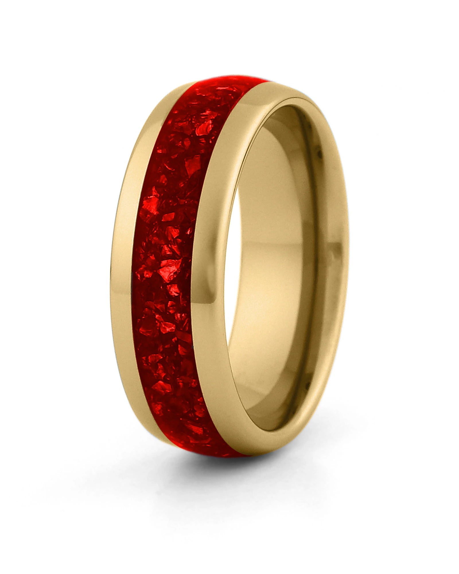 Men's gold tungsten wedding ring with ruby stone inlay, 8mm band