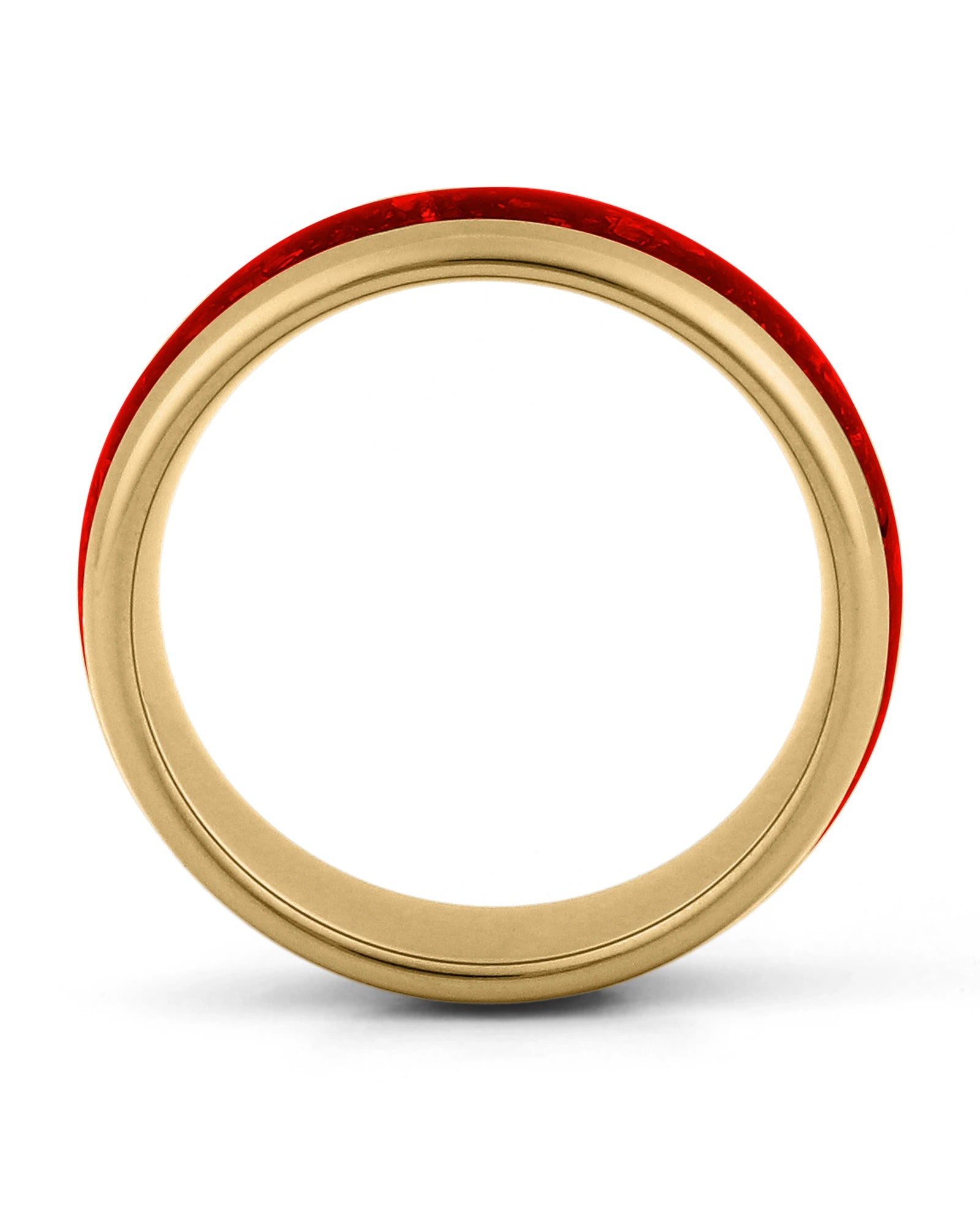 Side view of gold 8mm tungsten wedding ring with ruby inlay