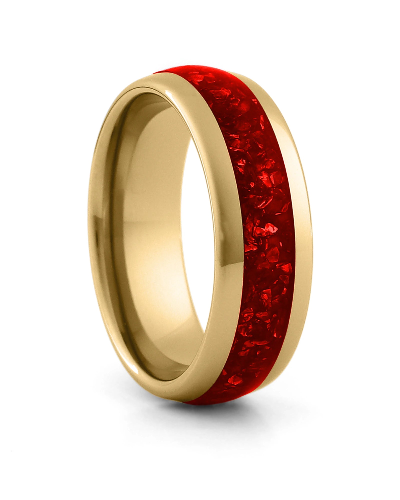 Gold 8mm tungsten ring with red ruby inlay shown at an angle