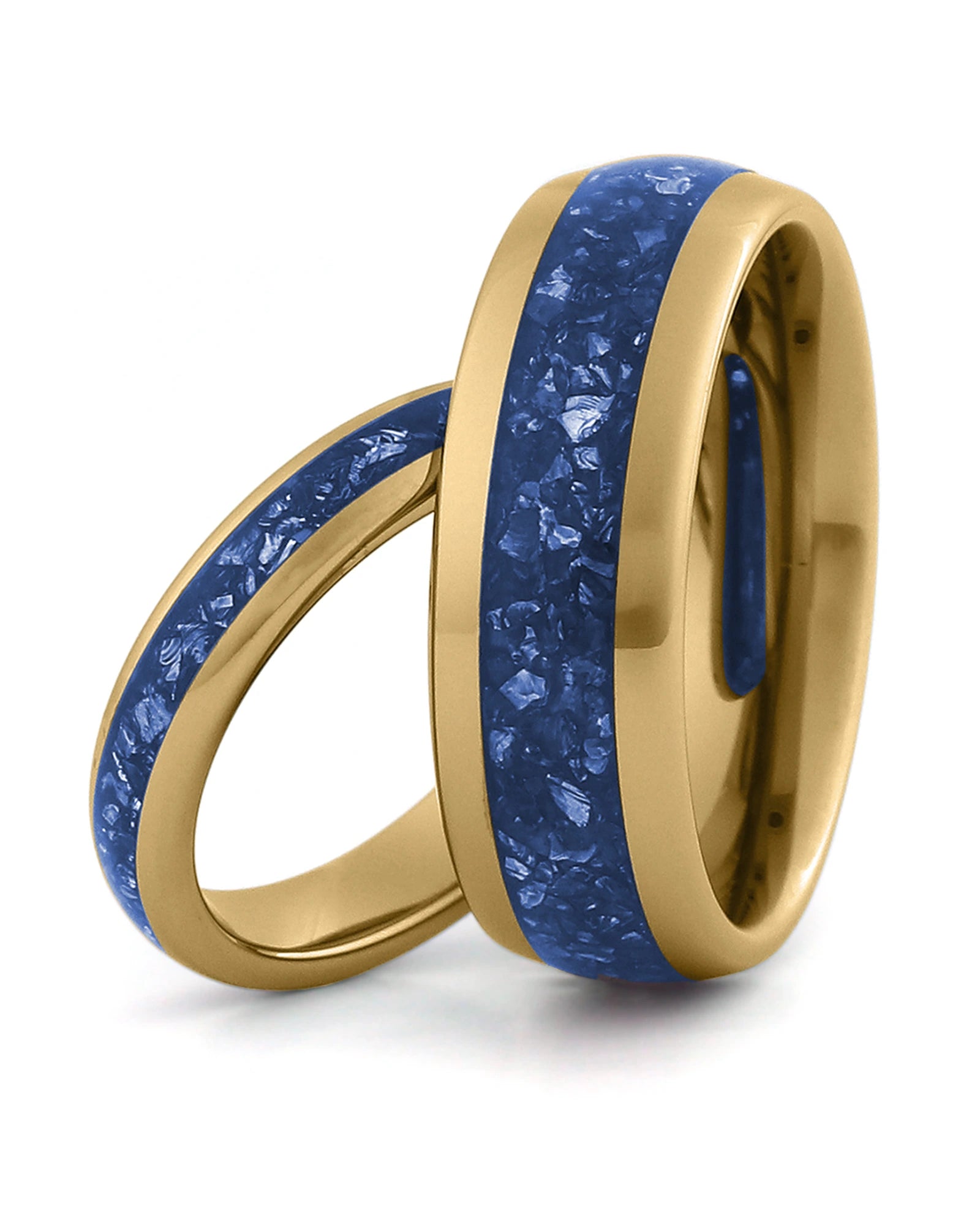 Matching gold tungsten wedding rings with sapphire inlays, including an 8mm band