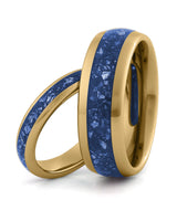 Matching gold tungsten wedding rings with sapphire inlays, including an 8mm band