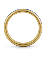 Side view of gold 4mm tungsten wedding ring with sapphire inlay